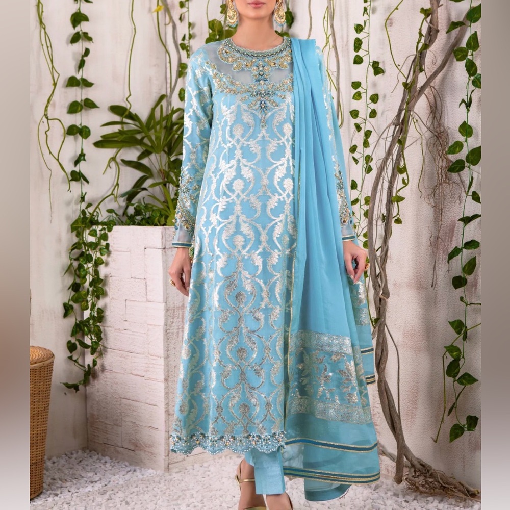 Embellished Light Blue Formal Suit with Dupatta